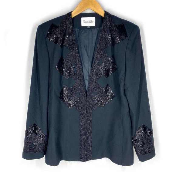 Nolan Miller Beaded Blazer Black 100% Wool Embellished Formal Single Breasted 12 - Picture 1 of 9
